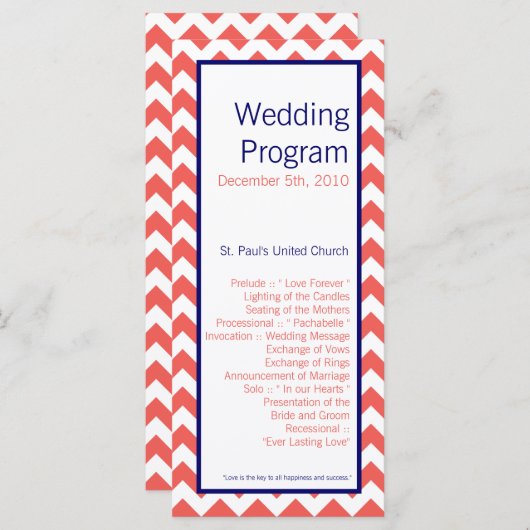 25 4x9 Huwelijksprogramma Koraal Marine Blauw Chev Programmakaart (Voorkant / Achterkant)