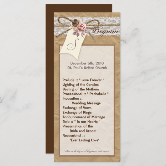 25 4x9 Huwelijksprogramma Kraft Paper Lace Twine B Programmakaart (Voorkant / Achterkant)