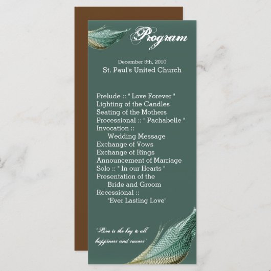 25 4x9 Huwelijksprogramma Kwartel Veer Vogelduif Programmakaart (Voorkant / Achterkant)