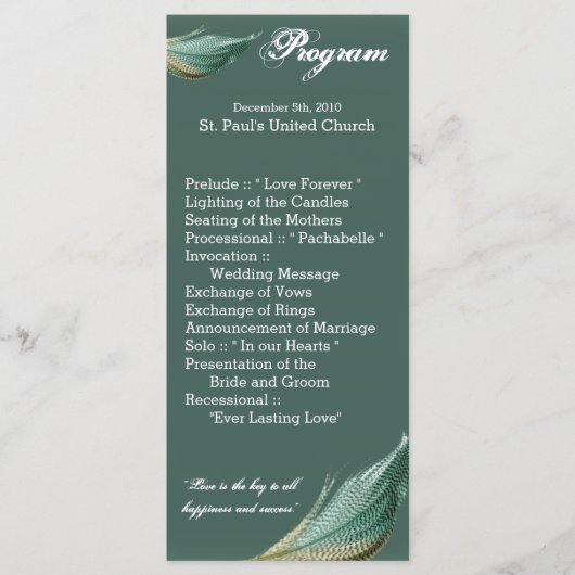 25 4x9 Huwelijksprogramma Kwartel Veer Vogelduif Programmakaart (Voorkant)