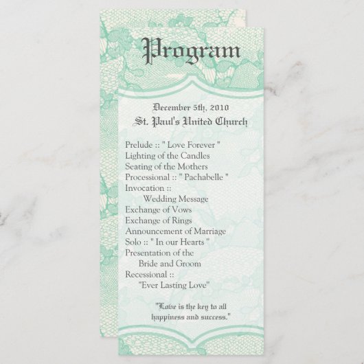 25 4x9 Huwelijksprogramma Land Mint Kant Print Programmakaart (Voorkant / Achterkant)