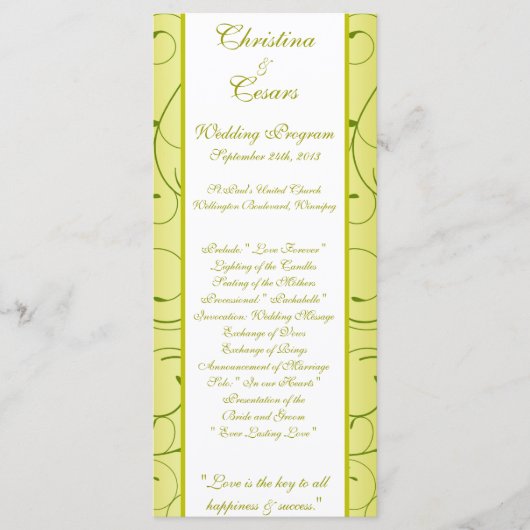 25 4x9 huwelijksprogramma Lime Green Pear Swirls Programmakaart (Voorkant)