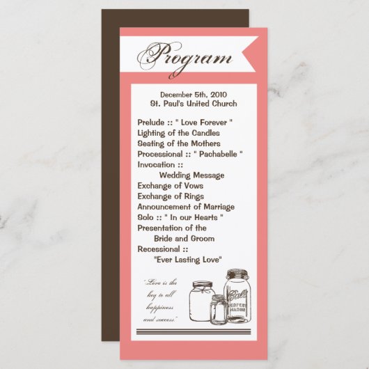 25 4x9 Huwelijksprogramma Mason Jar Country Rustic Programmakaart (Voorkant / Achterkant)
