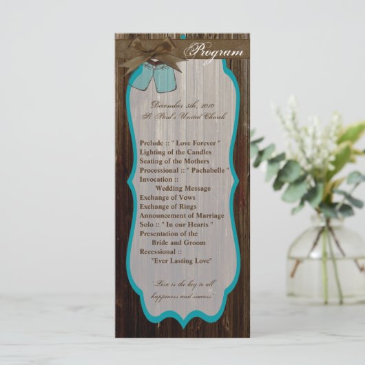 25 4x9 Huwelijksprogramma Mason Jar Initialen Rust Programmakaart (Staand voorkant)