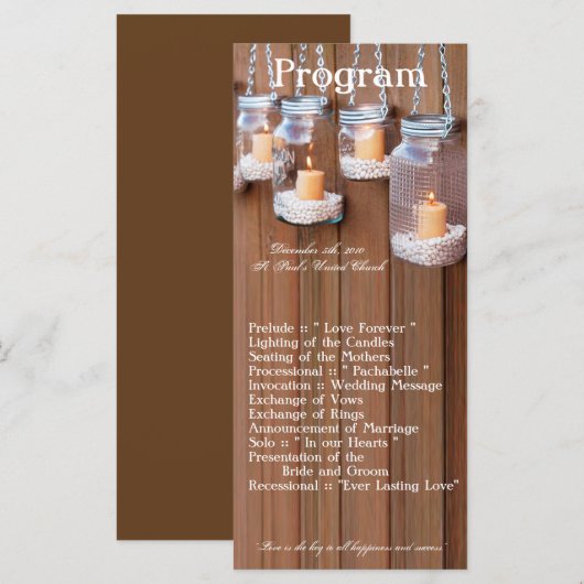 25 4x9 Huwelijksprogramma Mason Jar Kaarslicht Programmakaart (Voorkant / Achterkant)