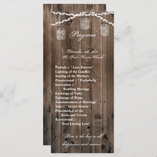 25 4x9 Huwelijksprogramma Mason Jar String Lights Programmakaart (Voorkant / Achterkant)