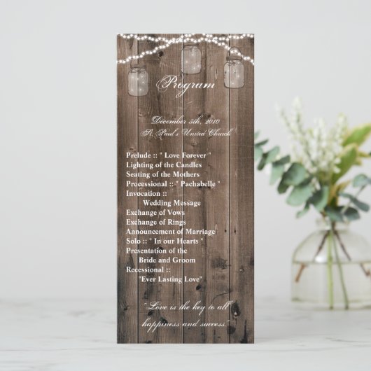 25 4x9 Huwelijksprogramma Mason Jar String Lights Programmakaart (Staand voorkant)