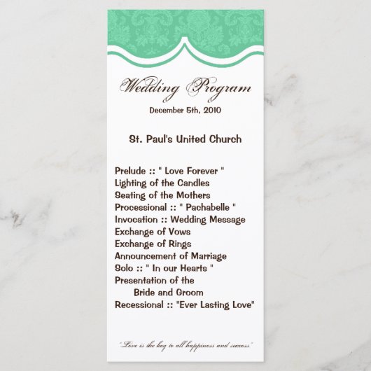 25 4x9 Huwelijksprogramma Mint Gree White Damask L Programmakaart (Voorkant)