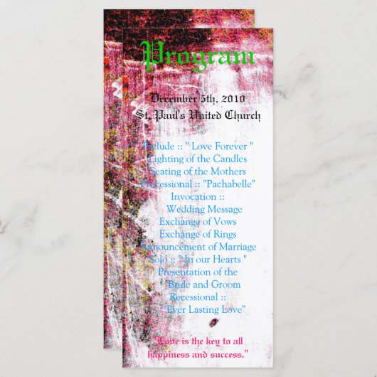 25 4x9 Huwelijksprogramma Neon Grunge Kraskleur Programmakaart (Voorkant / Achterkant)