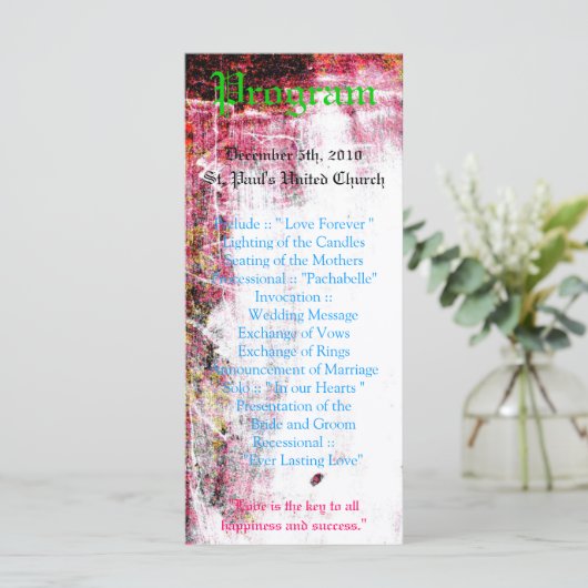 25 4x9 Huwelijksprogramma Neon Grunge Kraskleur Programmakaart (Staand voorkant)
