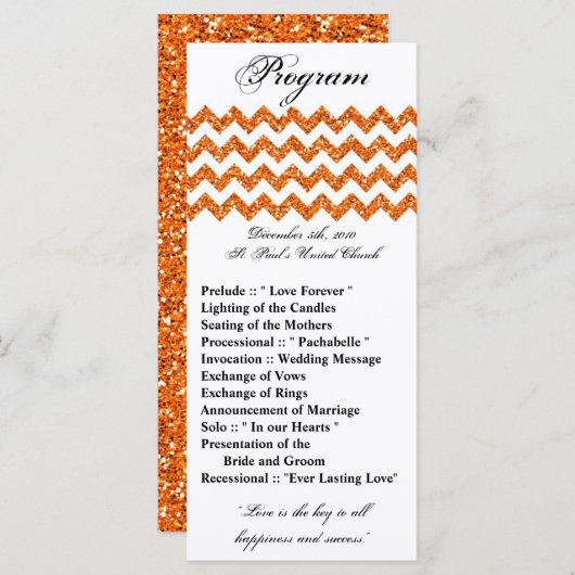 25 4x9 Huwelijksprogramma Oranje Glitter Chevron Z Programmakaart (Voorkant / Achterkant)