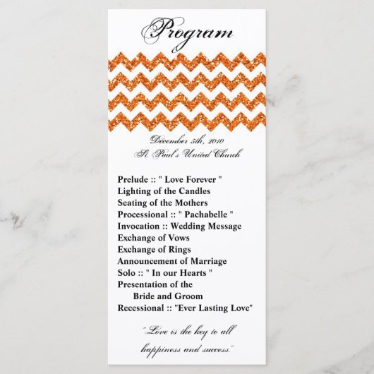 25 4x9 Huwelijksprogramma Oranje Glitter Chevron Z Programmakaart (Voorkant)