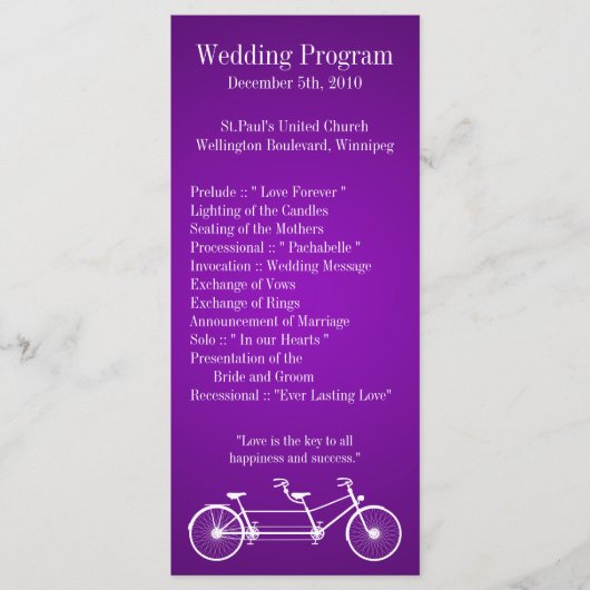 25 4x9 Huwelijksprogramma Paarse Dubbele Fiets Programmakaart (Voorkant)