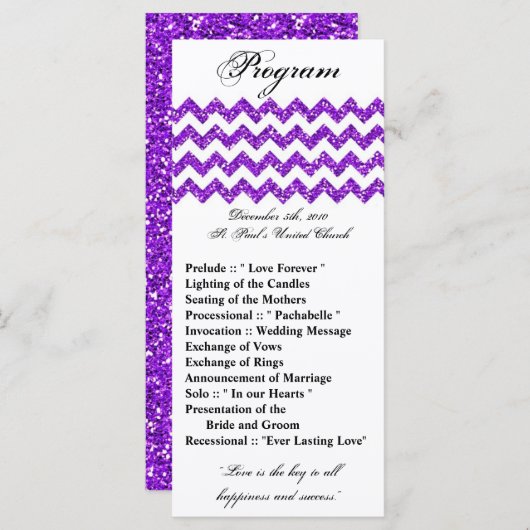 25 4x9 Huwelijksprogramma Paarse Glitter Chevron Z Programmakaart (Voorkant / Achterkant)