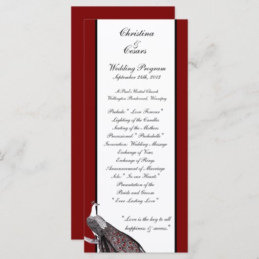 25 4x9 Huwelijksprogramma Pauw Rood Zwart Wit Programmakaart (Voorkant / Achterkant)