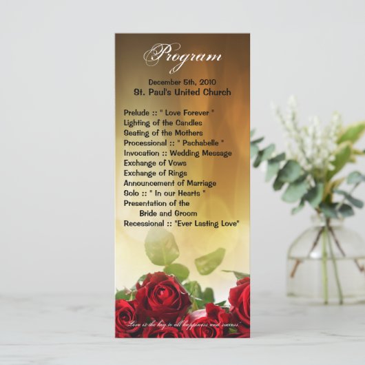25 4x9 huwelijksprogramma Red Rose Bouquet Bridal Programmakaart (Staand voorkant)