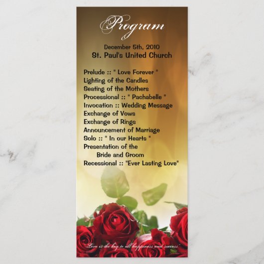 25 4x9 huwelijksprogramma Red Rose Bouquet Bridal Programmakaart (Voorkant)