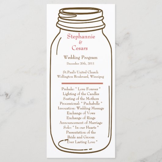 25 4x9 Huwelijksprogramma Roze/Bruine Mason Jar Programmakaart (Voorkant)
