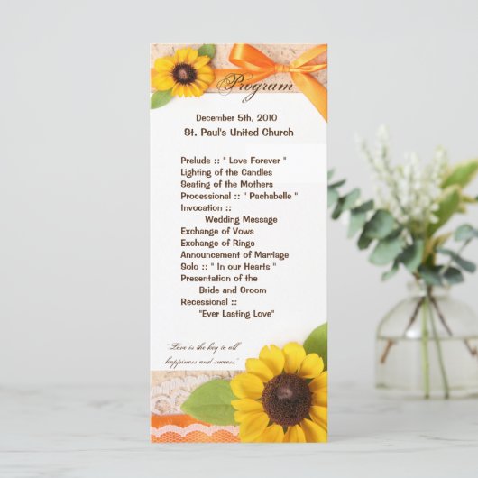 25 4x9 Huwelijksprogramma Rustiek Zonnebloem Land Programmakaart (Staand voorkant)