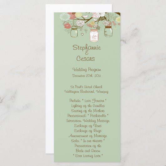 25 4x9 Huwelijksprogramma Spring Floral Mason Jars Programmakaart (Voorkant / Achterkant)