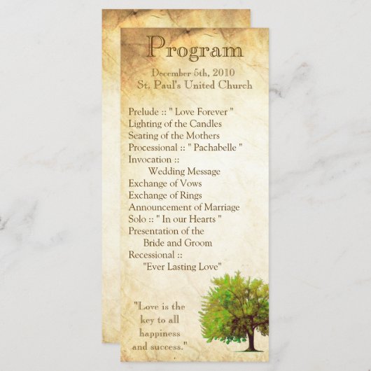 25 4x9 Huwelijksprogramma Spring Tree Aged Paper V Programmakaart (Voorkant / Achterkant)