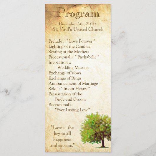25 4x9 Huwelijksprogramma Spring Tree Aged Paper V Programmakaart (Voorkant)