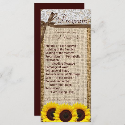 25 4x9 Huwelijksprogramma Zonnebloem Kant Burlap C Programmakaart (Voorkant / Achterkant)