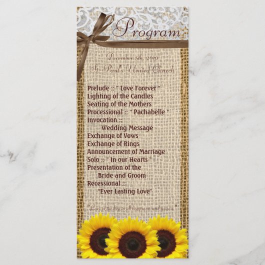 25 4x9 Huwelijksprogramma Zonnebloem Kant Burlap C Programmakaart (Voorkant)