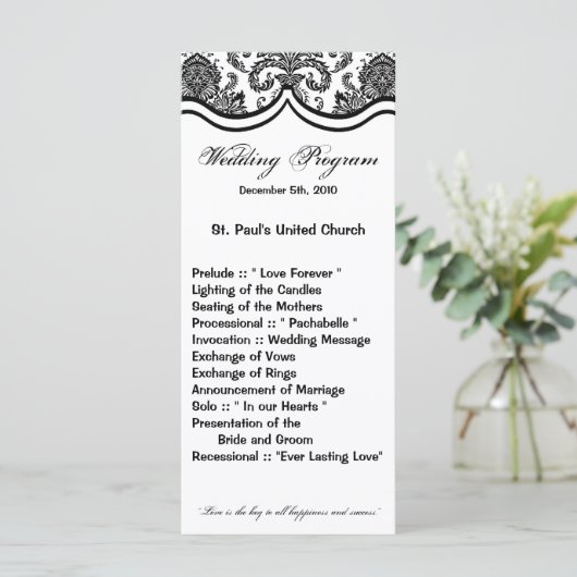25 4x9 Huwelijksprogramma Zwart Wit Damask Lace Pr Programmakaart (Staand voorkant)