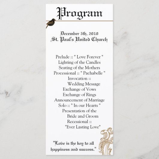 25 4x9 Trouwprogramma Formele Tortelduifjes Duif Programmakaart (Voorkant)