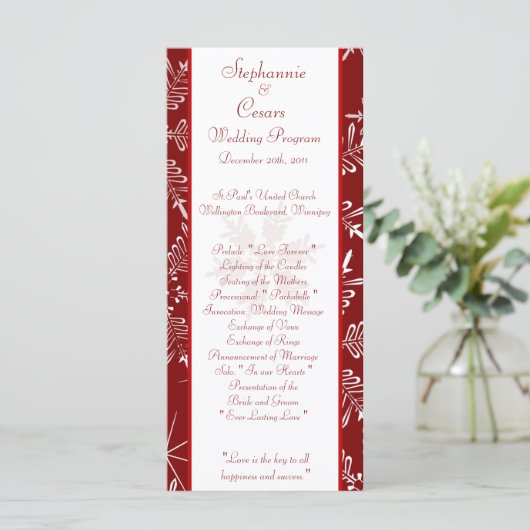 25 4x9 Trouwprogramma Kerst Rode Sneeuwvlokken Programmakaart (Staand voorkant)