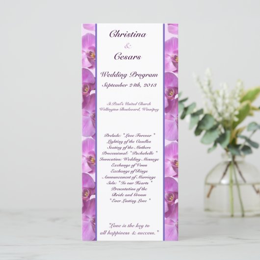 25 4x9 Trouwprogramma Paarse Orchideeën op Stem Programmakaart (Staand voorkant)