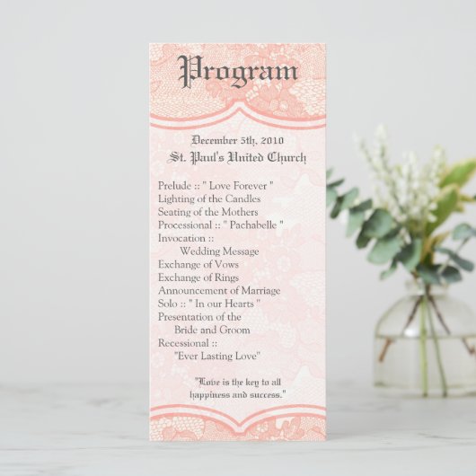25 4x9 Wedding Program Country Coral Lace Print Programmakaart (Staand voorkant)