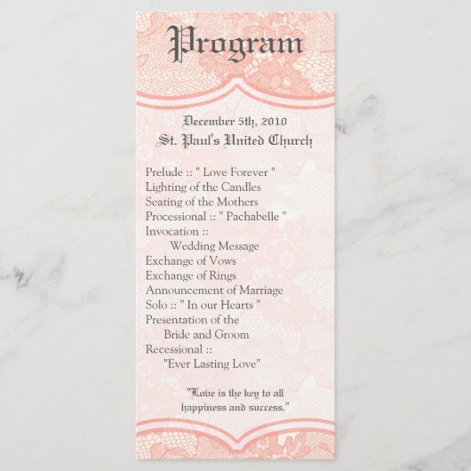 25 4x9 Wedding Program Country Coral Lace Print Programmakaart (Voorkant)