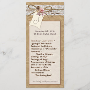 25 4x9 Wedding Program Kraft Paper Lace Twine Bow Programmakaart