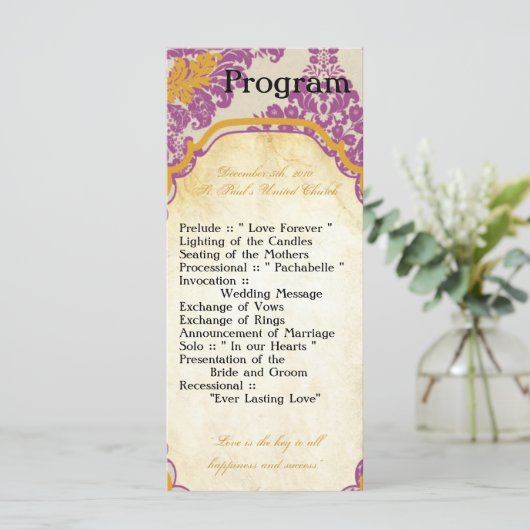 25 4x9 Wedding Program Paarse Gold Damask Lace Pri Programmakaart (Staand voorkant)