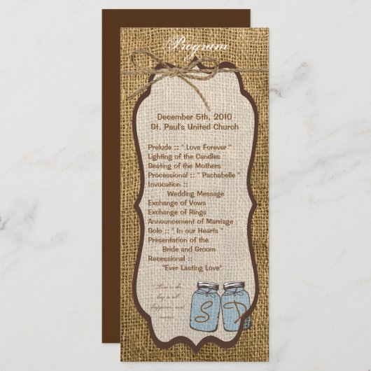 25 4x9 Wedding Programme Mason Jar Burlap Country Programmakaart (Voorkant / Achterkant)