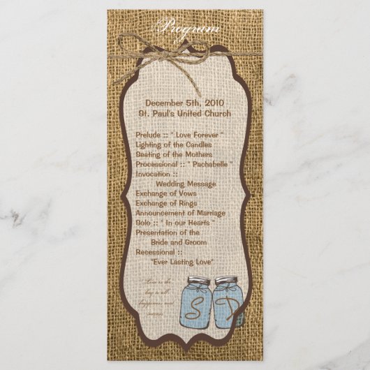 25 4x9 Wedding Programme Mason Jar Burlap Country Programmakaart (Voorkant)