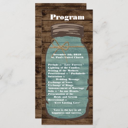 25 4x9 Wedding Programme Mason Jar Wood Land Programmakaart (Voorkant / Achterkant)