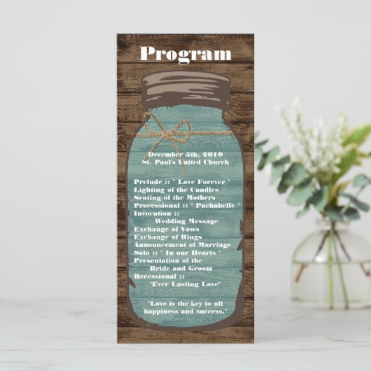 25 4x9 Wedding Programme Mason Jar Wood Land Programmakaart (Staand voorkant)