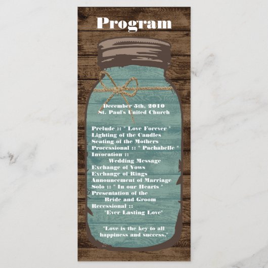 25 4x9 Wedding Programme Mason Jar Wood Land Programmakaart (Voorkant)