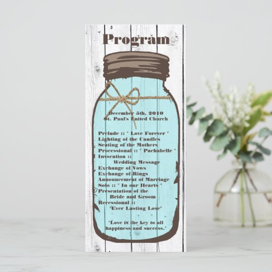 25 4x9 Wedding Programme Mason Jar Wood Land Programmakaart (Staand voorkant)