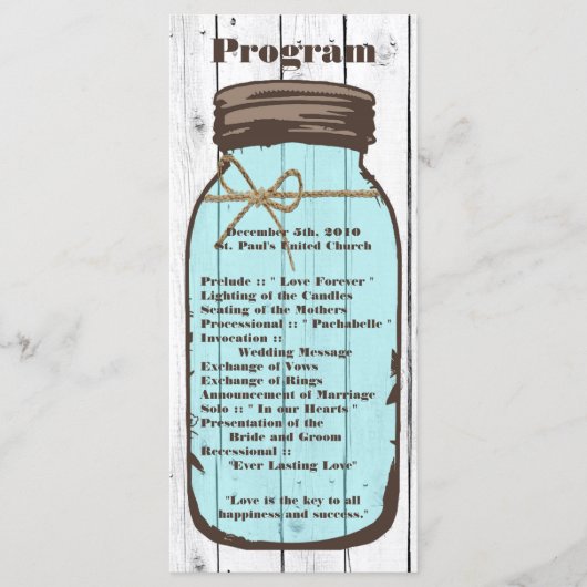 25 4x9 Wedding Programme Mason Jar Wood Land Programmakaart (Voorkant)