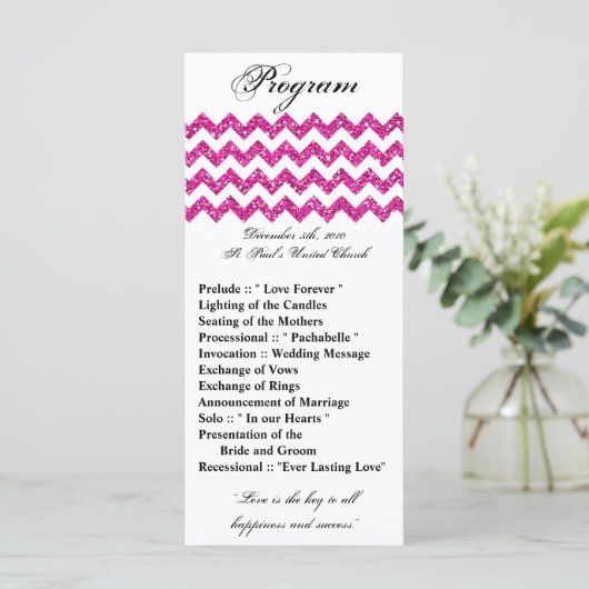 25 4x9 Wedding Programme Roze Glitter Chevron Zig Programmakaart (Staand voorkant)