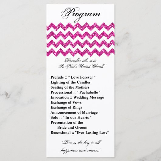 25 4x9 Wedding Programme Roze Glitter Chevron Zig Programmakaart (Voorkant)