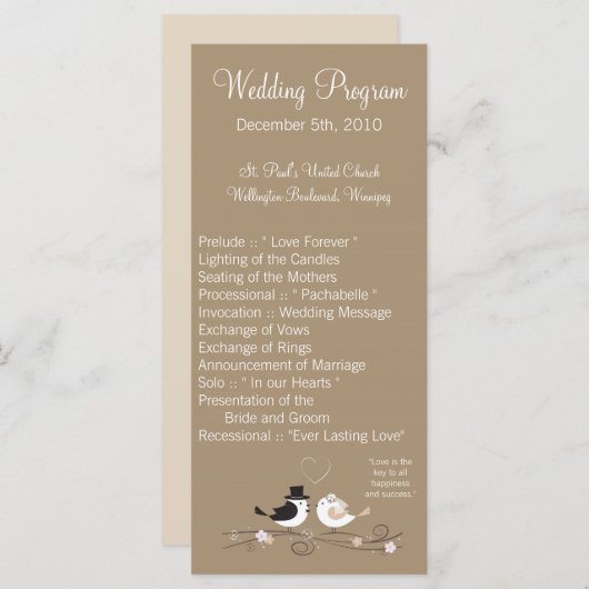 25 4x9 Wedding Programme Wedding Birds Bride Groom Programmakaart (Voorkant / Achterkant)
