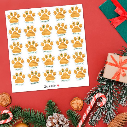 25 Aangepaste dagen van december Dog Paw Advent Sticker