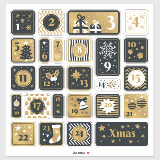 25 Adventskalender Stickers zwart goud Kerst (Vel)