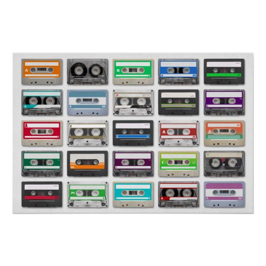 25 audiocassettes geïsoleerd op witte achtergrond perfect poster (Voorkant)
