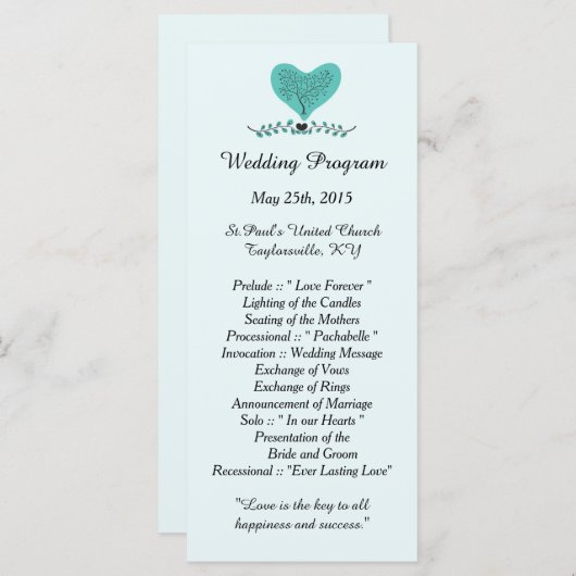 25 Blauwe Boom- en Heart Wedding-programma's Programmakaart (Voorkant / Achterkant)